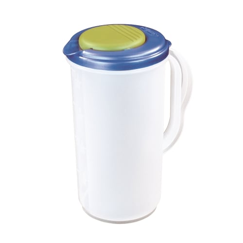 Sterilite® Juice Pitcher with Lid, 2 Quart Round, Pivot-Top Spout, White/Blue